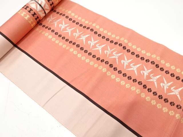 JAPANESE KIMONO / ANTIQUE BOLT FOR HASSUN OBI / WOVEN ORIGAMI CRANES & KIKU